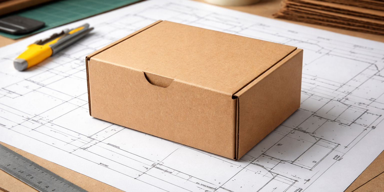 Custom cardboard box placed on packaging plans, showing bespoke packaging design and precise box sizing.