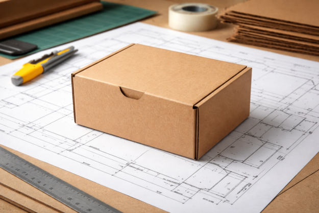 Custom cardboard box placed on packaging plans, showing bespoke packaging design and precise box sizing.