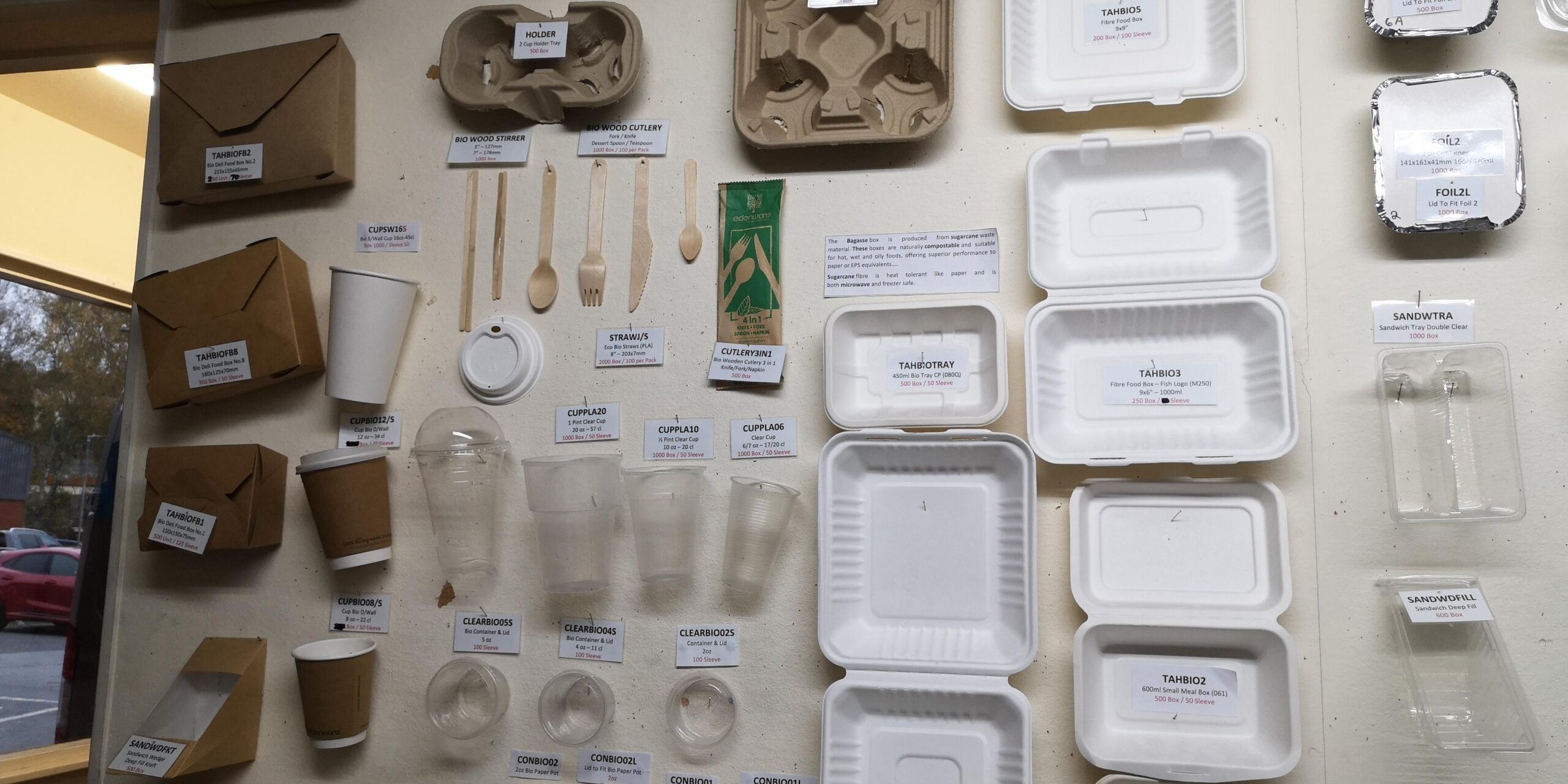 Catering disposables including takeaway meal boxes, coffee cups, cutlery and napkins stocked at Torbay Packaging in Torquay